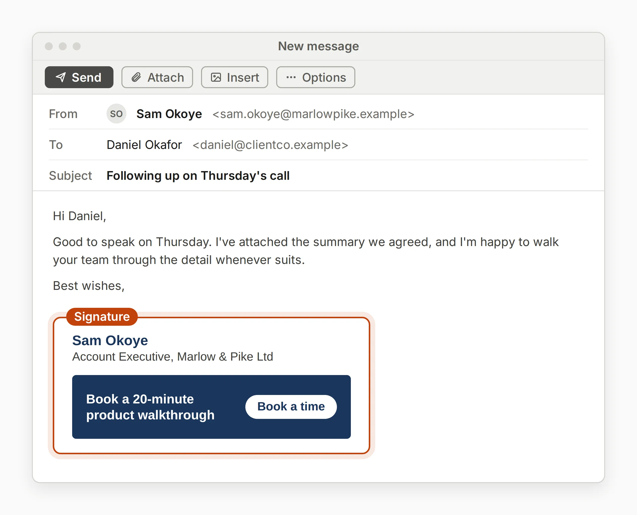 Email window showing a signature with a name and title and a single banner with a booking-link button.