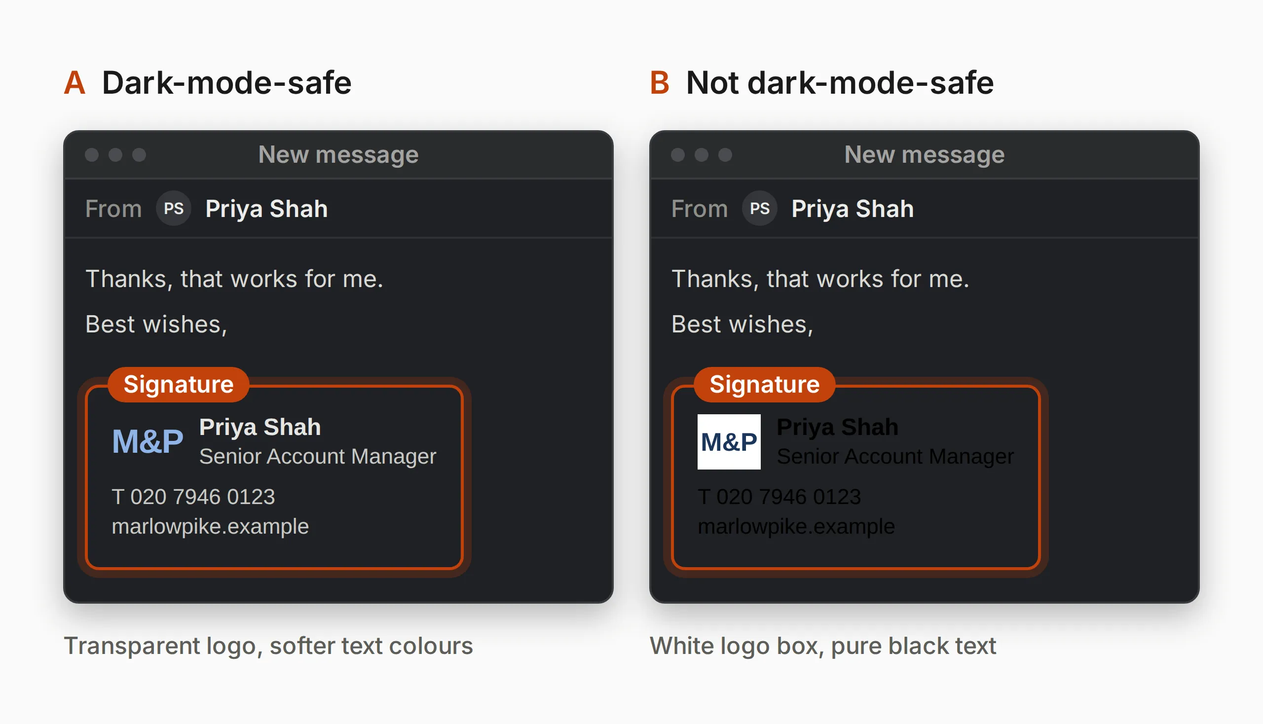 Two dark-mode email windows: one signature stays readable, the other has a white logo box and black text that disappears.