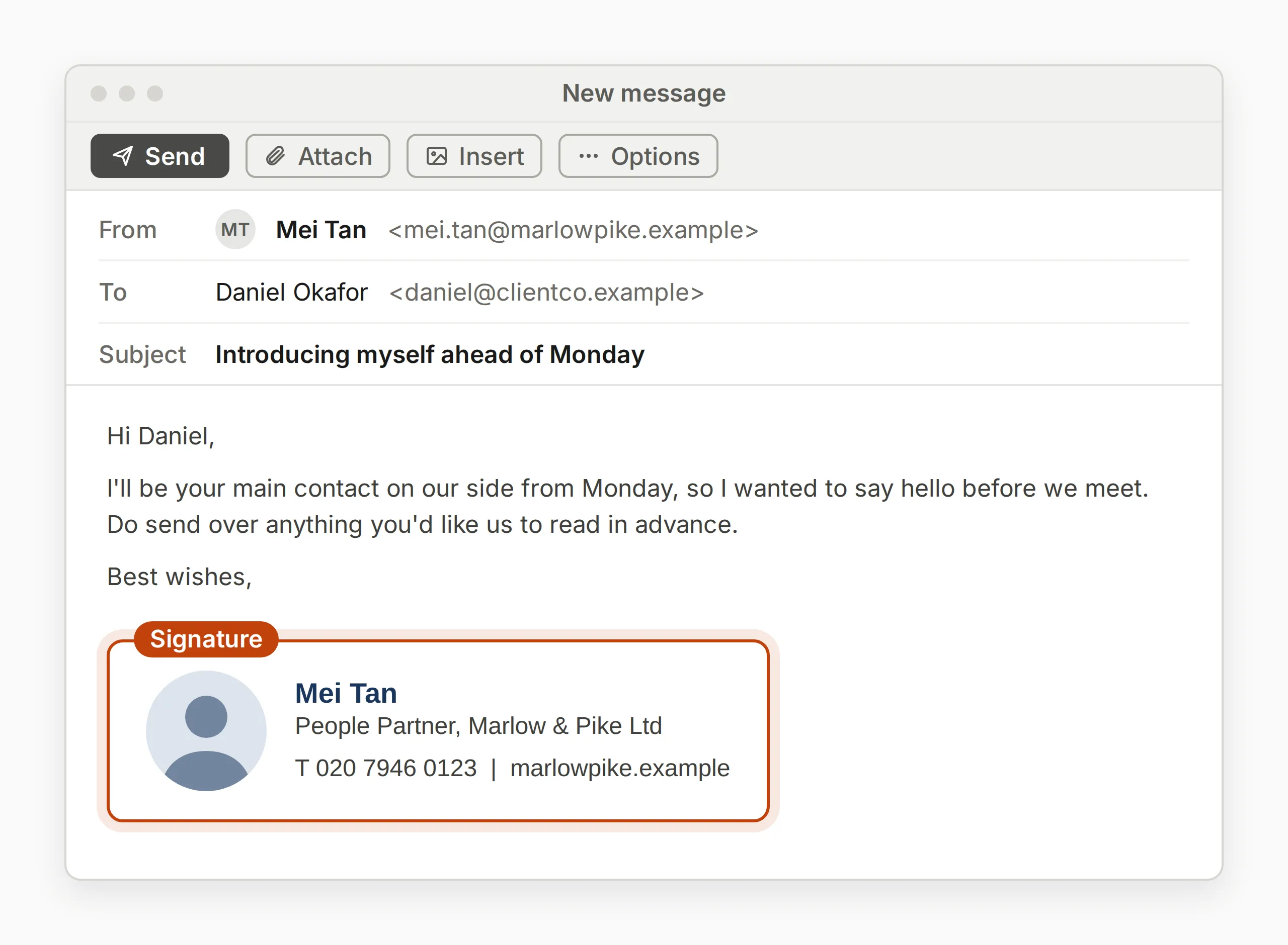 Email window showing a signature with a small headshot placeholder beside the name and title.