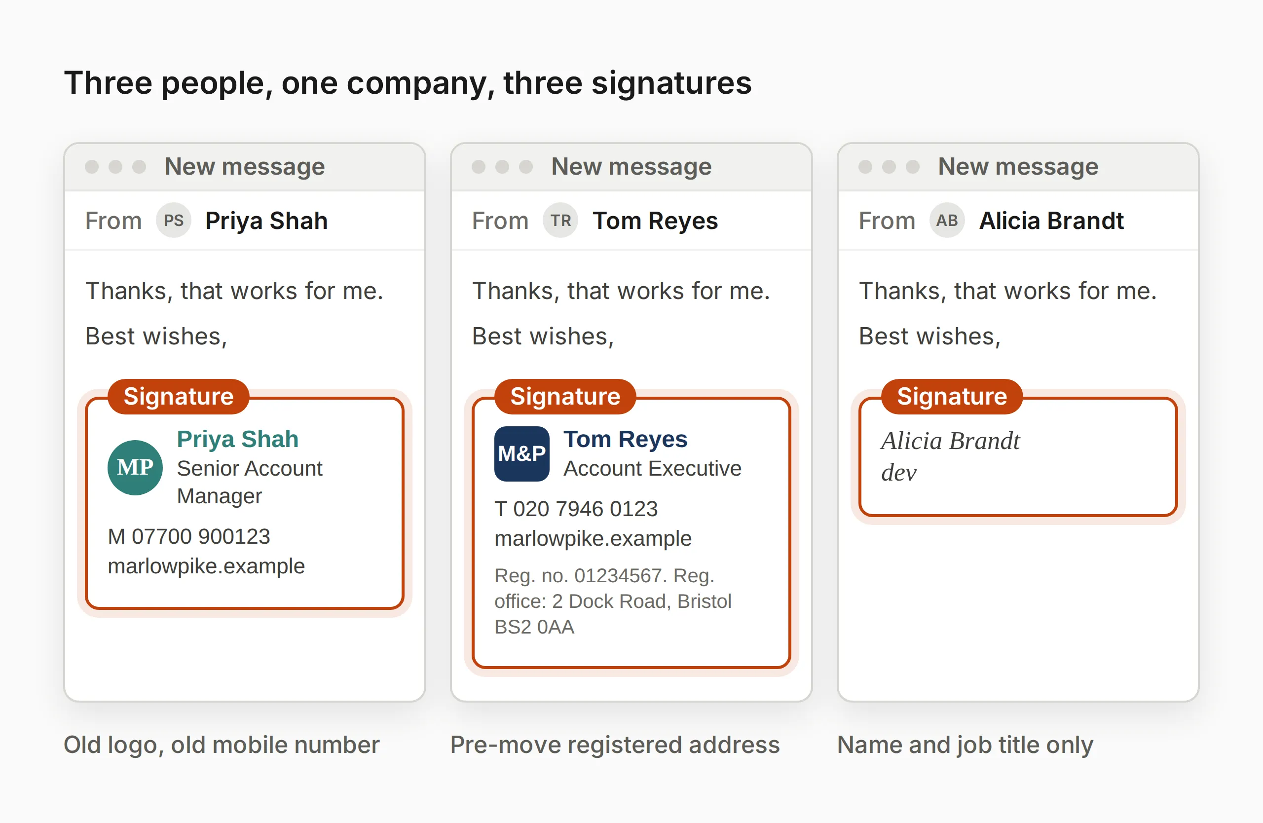 Three email windows from one company, each with a different signature.